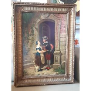 Auguste-alexandre Baudran (1923 - 1907) Delicious Gallant Scene Oil Painting Table XIX Century