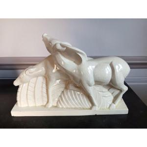 Charles Lemanceau (1905-1980) Ceramic Cracked Earthenware Deer And Doe Art Deco 1930