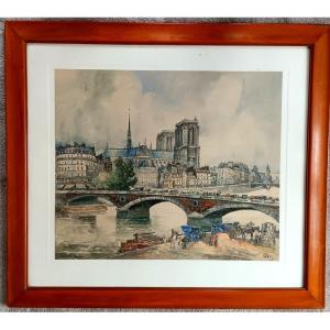 Frank Will (1900 - 1950) Watercolor Paris Notre-dame View From The Banks Of The Seine