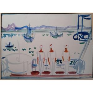  Jean Cluseau-lanauve (1914-1997) Large Watercolor Of Sailors At Sea On The Deck Of A Boat
