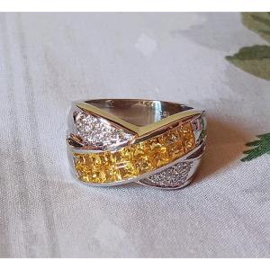 Lovely Cross Ring In White Gold 16 Princess Cut Golden Yellow Sapphires And Diamonds 8, 4 G
