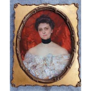 Marie Lucas Robiquet 1858-1959 Lovely Portrait Of A Young Woman From The Belle Epoque In Pastel