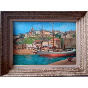 Jeanne Besnard-fortin (1892-1978) Sailboat In The Port Of Granville Normandy Cotentin