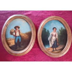 Charming Pair Of Medallion Paintings Depicting Two Young Peasants In The Countryside