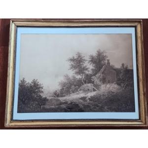 Countryside Landscape Drawing In Brown Ink Wash Dated 1815 Restoration Period