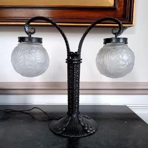 Muller Frères Lunéville Important Peacock Lamp Wrought Iron Art Deco Period Circa 1930