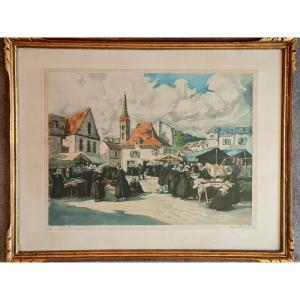 Henri Barnoin (1882-1940) Market Scene In Brittany Aquatint Engraving Water Paintinging