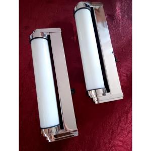 Pair Of Modernist Carlton Wall Lights In Chrome Metal And Abs In Art Deco Style 
