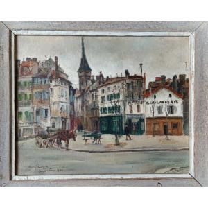 André Boureau (bougie 1917- Céret 1999) View Of Angoulême Lively Street Scene Painting 