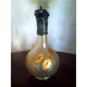 Legras Art Nouveau Enamelled Glass And Silver-plated Metal Ewer