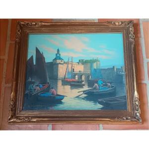 André Trassard Pastel Concarneau, Brittany, Sailors Returning From Fishing In Front Of The Ville Close