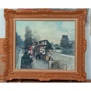 Jules René Hervé (1887 - 1981) Oil On Canvaspainting The Booksellers On The Banks Of The Seine Paris