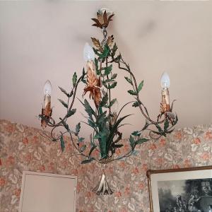 Charming Cage Chandelier With A Naturalistic Leaf Design In Green Lacquered Sheet Metal