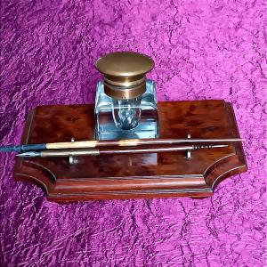 Beautiful Crystal Desk Inkwell With A Rosewood And Burl Wood Base