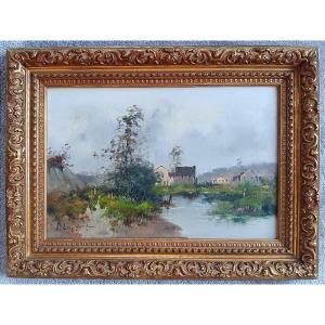 Eugène Galien-laloue Galien Laloue 1854-1941 Oil On Canvas, Hamlet By The River Barbizon (2)