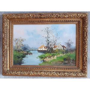 Eugène Galien-laloue (galien Laloue 1854-1941) Oil On Canvas, Hamlet By The River Barbizon