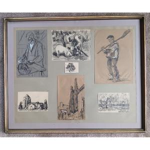 Jean Cluseau-lanauve (1914-1997) Collection Of Original Drawings Framed Under Glass