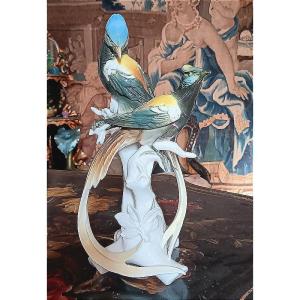 Karl Ens Birds, A Pair Of Blue Tits In Saxon Porcelain, Green Signature, 1920s