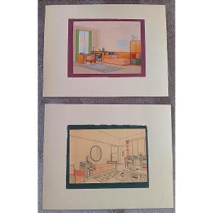 Jacques Tisseyre, René Prou, Art Deco Pomone Decoration Drawings, Watercolor, Gouache, 1925
