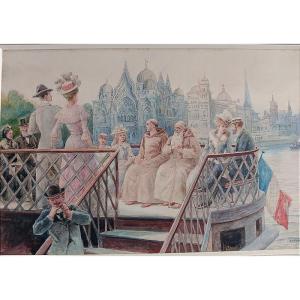 Charles Escudier (1848-1923) Watercolor, Paris Universal Exhibition 1900 Art Nouveau Drawing