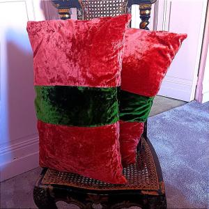 Large Two-tone Cushions In Burnt Orange And Empire Green Silk Velvet