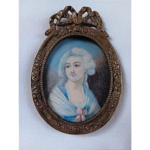 Miniature Gouache Painting In The Louis XVI Style Bronze Frame Portrait Of A Young Woman