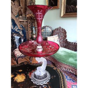 Baccarat Lorraine Coupe Vase Centerpiece Présentoir Serviteur Art Nouveau Cristal Doublé Rouge