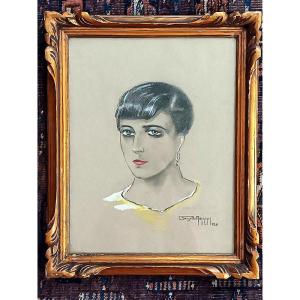 Portrait Of A Young Woman Art Deco Drawing In Charcoal And Gouache