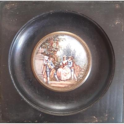 Miniature In Gouache Representing A Pastoral Gallant Scene