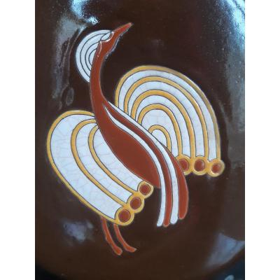 Longwy Art Deco Gourd Vase Circa 1930 Bird Of Paradise Phoenix By Jean Luce