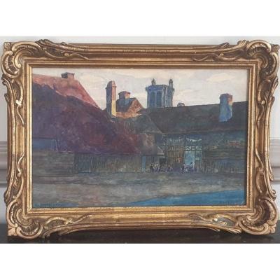 Auguste-michel Colle (1872-1949) Painter Lorrain Drawing In Watercolor Animated View Of The Rue Surgale à Troyes 1918 Art Nouveau