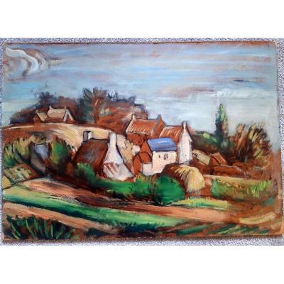 Oil On Hardboard View Of A Charming Hamlet In The Countryside Art Deco Period Around 1930-1940