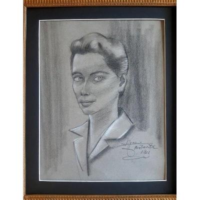 Portrait Of A Young Woman Charcoal Drawing Paris Montmartre Place Du Tertre 1960s