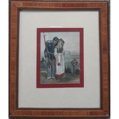 Portrait Of A Young Couple Of Alsatians Print Watercolor XIXth Century