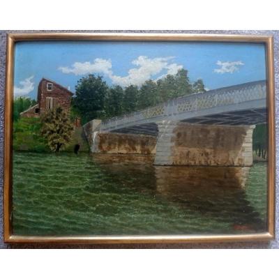 Lovely Small Table Painting Metal Bridge Over The Seine And Brick House