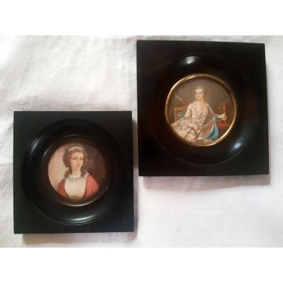 Beautiful Set Of Miniature Portrait Miniatures In Gouache On Ivory Of A Young Woman Late Nineteenth