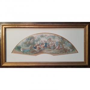 Délicieuse Scène Galante Fan Project In Gouache By Marguerite Fanny Dubois Davesne (1832-1900)