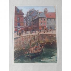 André-eugène Costilhes (1865-1940) The Port Of Dieppe Animated In Watercolor