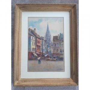 André-eugène Costilhes (1865-1940) View Of Rouen And Its Cathedral In Charcoal, Watercolor And Gouach