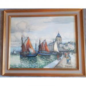Frank-will (1900- 1950) View Of The Tréport In Watercolor The Port And The Church Of Saint-jacques