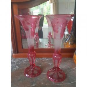 Pair Of Bohemian Crystal Vases Engraved Hunting Decor Hunting Scene Deer And Doe Vase XIXème 