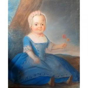 Charming Pastel Portrait Of A Little Girl Child With A Bouquet Of Flowers Louis XVI Period