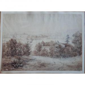 Justin Ouvrié (paris 1806-sotteville-lès-rouen 1879) Wash Drawing And Graphite Landscape Path