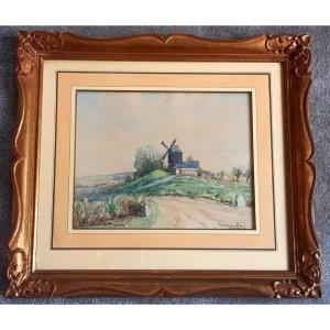 Georges Rose (1895-1951) Watercolor And Charcoal View Of The Moulin De Verzenay Near Reims In Champagne Marne