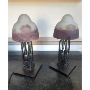 Pair Of Rethondes Mushroom Lamps In Hammered Wrought Iron Dlg Lamp By Kiss E. Brandt Art Déco 