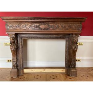 Huge Renaissance Style Carved Oak Chateau Fireplace Front.