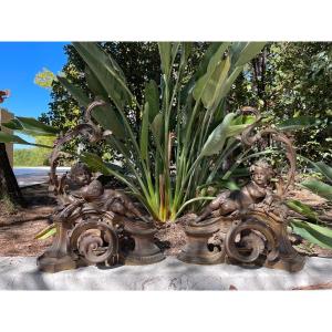 Pair Of Bronze Chenets With Putti