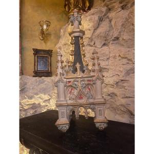 Polychrome And Gilded Terracotta Statue Canopy. 