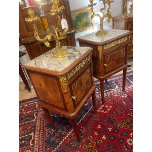 Pair Of Bedside Tables In Marquetry And Gilded Bronze, Marble Top, 1920s Period - Louis XVI Style