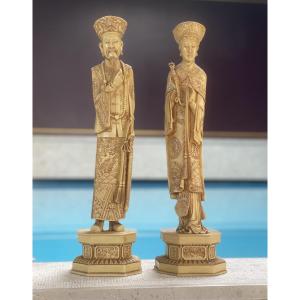 Pair Of Chinese Statues - Emperor And Empress Carved In Hardstone